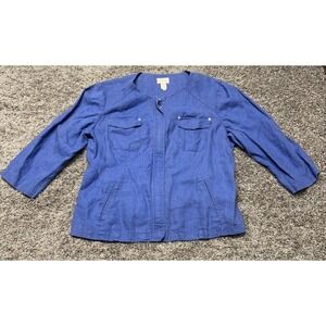 Chico's Women's 2 Linen Jacket Royal Blue Full Zipper Pockets Casual Blazer